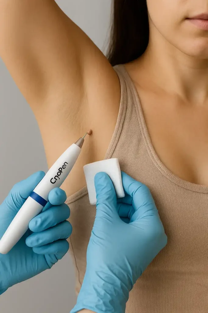 woman having cryopen to remove underarm skin tags Malmesbury