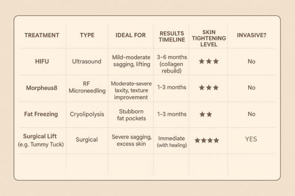 Table showing the comparisons of Skin tightening Malmesbury treatment options.